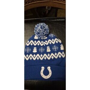 Indianapolis Colts Winter Beanie NFL Blue Knit Hat W Pom Snowman Snowflake EUC